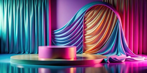 Luxury Cosmetic Podium Display: Abstract Fabric Background, 3D Product Presentation Stand