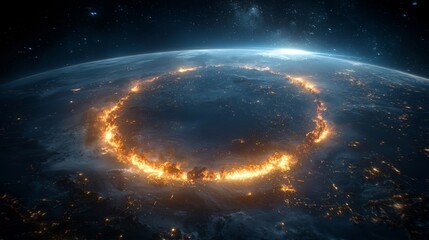 Fiery Ring of Light Surrounding Earth in Space with Stars and Galactic Background