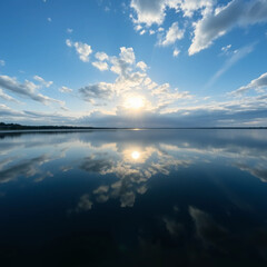 Obraz premium Serene tranquil lake with reflecting sky.