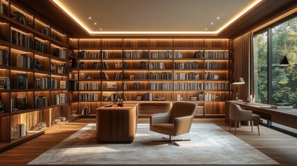 Luxurious home library with built-in bookshelves, desk, and comfortable chair.