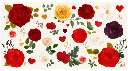 Romantic Flat Design with Hearts and Roses for Valentine's Festivities