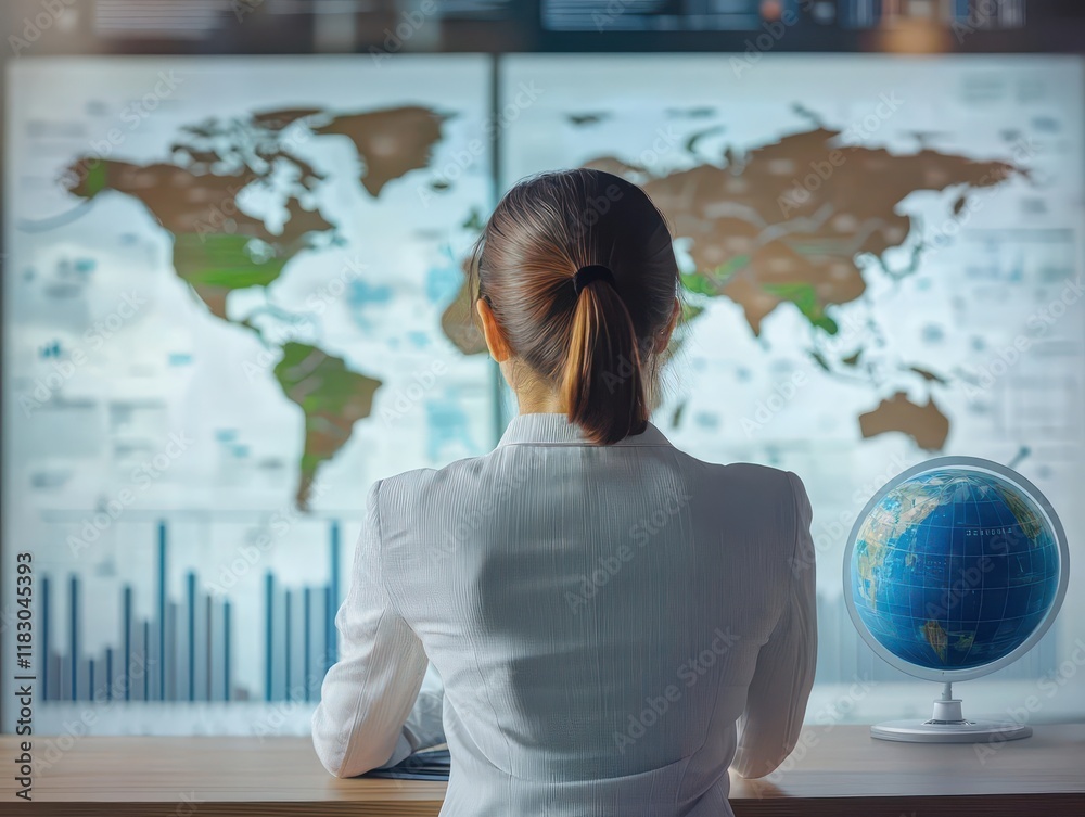 Aufkleber Focused Woman at Desk Studying World Map Surrounded by Books and Stationery Creating an Introspective and Inspirational Atmosphere for Exploration