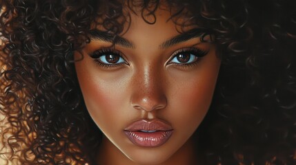 Fototapeta premium Close-up portrait of a woman with dark, curly hair and captivating eyes. Ideal for beauty, fashion, and diversity-focused projects.