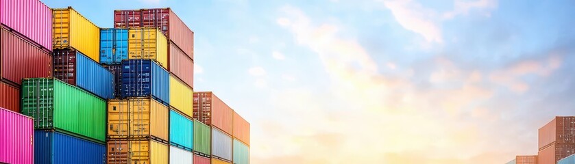 Busy port with stacked shipping containers, early morning light, blank area for text overlay