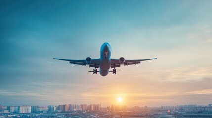 Fototapeta premium Airplane Silhouetted Against Vibrant Sunset Over Bustling Cityscape with Glowing Skyscrapers and Soft Clouds Creating a Dreamy Urban Atmosphere