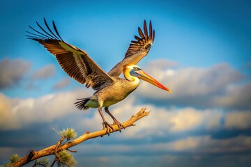 Obraz premium Minimalist Pelican in Flight, Perched on a Branch
