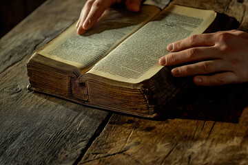 Christian couple or group reading study the bible together and pray at a home or Sunday school at church. concept studying the word of god. 