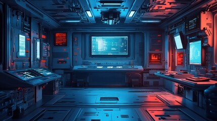 Obraz premium Futuristic control room with monitors and consoles.
