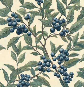 Juniper Branches and Berries Seamless Pattern with Evergreen Fir Background