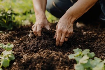 Person Engaging in Gardening Activities, Planting Seeds or Tending to Soil, Close-up View of Hands in Rich Earth Surrounded by Green Leaves in a Sunlit Environment