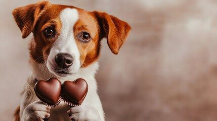A sweet dog holding heart shaped Valentine s Day chocolate gifts
