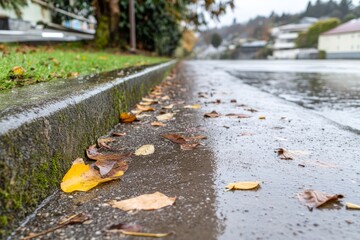 Obraz premium Rainy Day Scene with Colorful Autumn Leaves Lying on Wet Pavement in a Quiet Urban Street Surrounded by Greenery and Residential Buildings