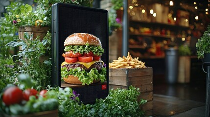 A vibrant burger advertisement amidst greenery.