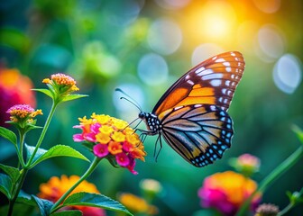 Fototapeta premium Long Exposure Butterfly on Flower, Vibrant Green Nature Background, Macro Photography
