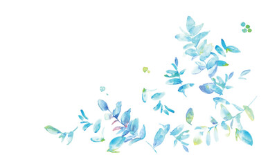 水彩画。水彩タッチのベクター草木背景。水色のグラデーション草木フレーム。Watercolor painting. Vector grass tree background with watercolor touch. Light blue gradient grass tree frame.