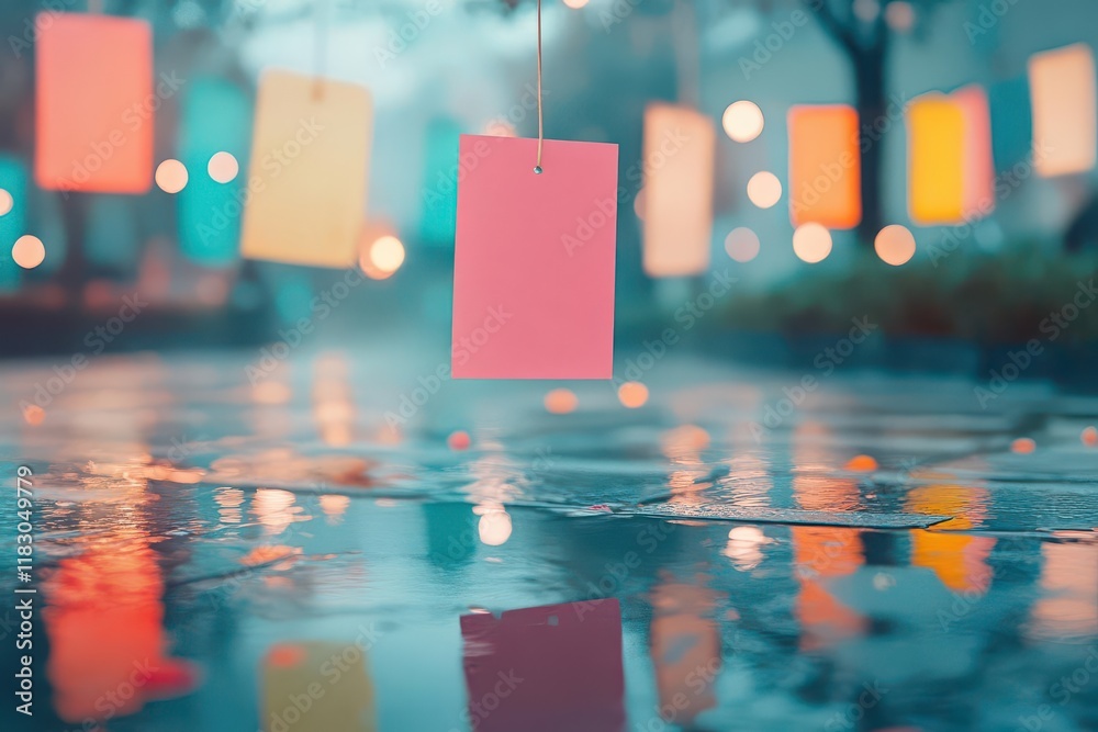 Aufkleber a delicate pink paper card gently swinging from a string under a soft rainy atmosphere evoking nosta