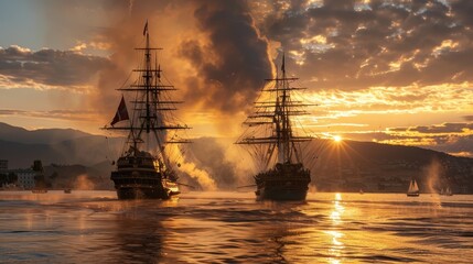 Fototapeta premium Two Grand Ships Locked in Battle During Golden Dawn Light