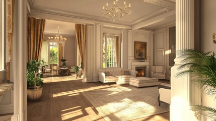 Elegant Living Room Interior Design: Sunlit Luxury Mansion