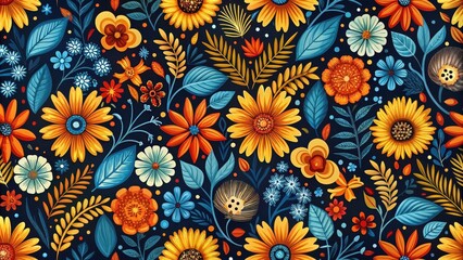 Vibrant Floral Design with Bold Colors and Intricate Details Featuring Sunflowers, Daisies, and Unique Leaf Patterns in a Seamless Repeat