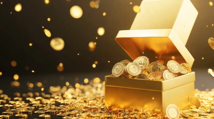 3D open gift box surprise with gold coins. loyalty program and get rewards, Money prize reward. Casino or Online game winner. 3d rendering. Vector illustration