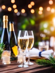 Close-up Photo: Sparkling Champagne Toast at Festive Outdoor Dinner. AI Generated