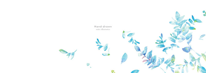 水彩画。水彩タッチのベクター草木背景。水色のグラデーション草木フレーム。Watercolor painting. Vector grass tree background with watercolor touch. Light blue gradient grass tree frame.