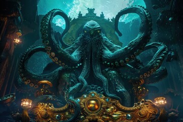 Obraz premium Kraken Sitting on Enormous Golden Throne in Underwater Scene