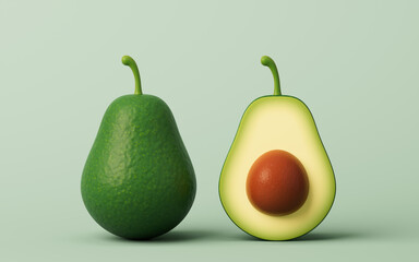 Fresh avocado fruit with green skin, 3d rendering.
