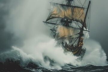 Fototapeta premium Golden Galleon Battling the Kraken in Raging Stormy Seas