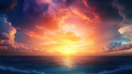 Fototapeta premium Dramatic cloud formations swirl above a serene beach, golden sunset lighting, wide shot, moody and intense atmosphere