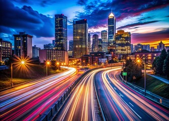 Fototapeta premium Long Exposure Light Trails at Night, Urban Landscape, Cityscape, Night Photography, City Lights