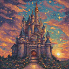 Pixel art cross stitch castle sunset masterpiece