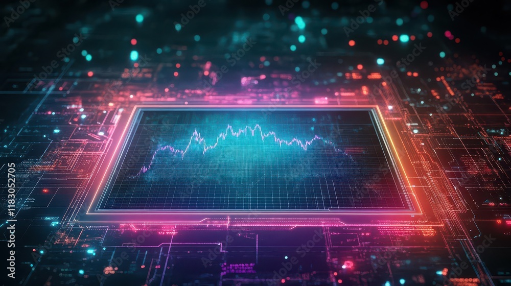 Poster dynamic stock graph overlay shines atop a digital screen, illuminated by cool blue light from a high