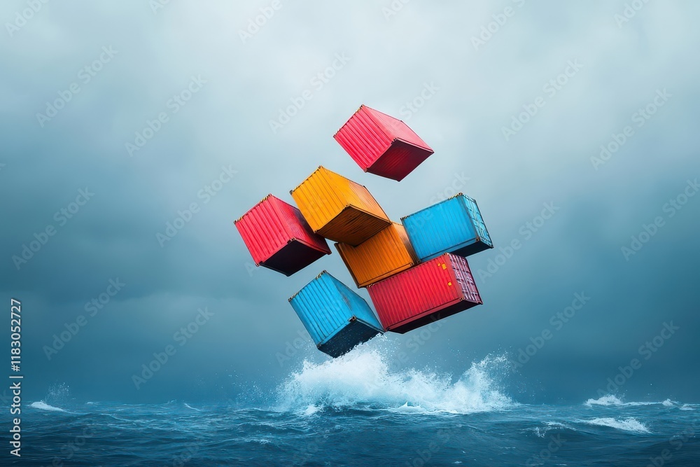 Poster vibrant ocean scene featuring a collection of colorful containers drifting calmly on the water surfa
