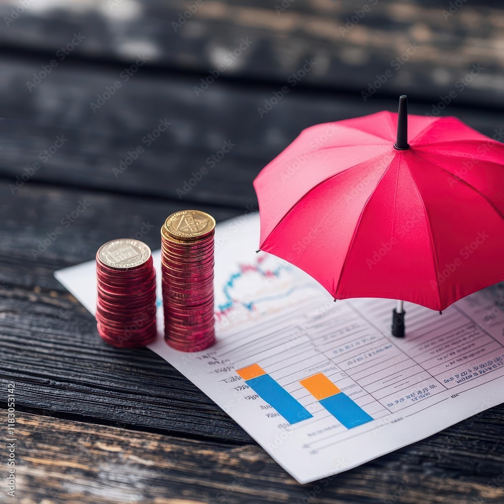 Poster vibrant red umbrella surrounded by shimmering coins on crumpled paper representing wealth and protec
