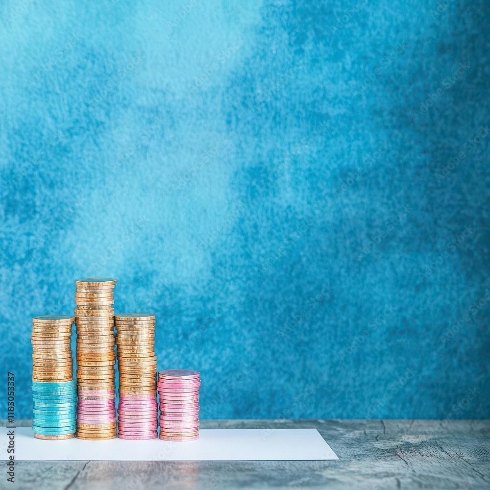 Poster Stack of Shiny Coins on Crisp White Paper Set Against a Soft Blue Background Creating a Calm and Minimalistic Still Life Composition of Wealth