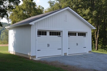 A contemporary white garage featuring two doors is nestled in a peaceful natural environment, embraced by lush trees and vibrant greenery, illuminated by the warm glow of a sunny day