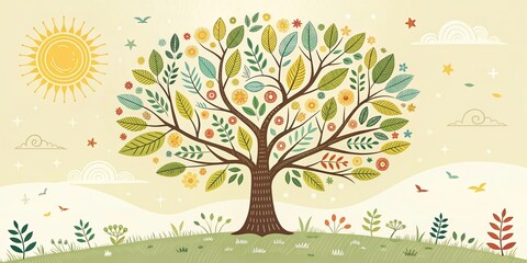 Obraz premium tree and sunny sky cute retro illustration background