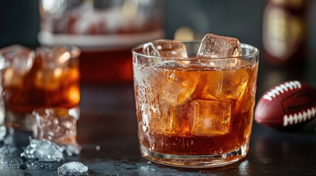 Luxurious Old Fashioned Cocktail Served on a Dark Wooden Table with Football Nearby Representing a Sophisticated Adult Leisure and Entertainment Experience