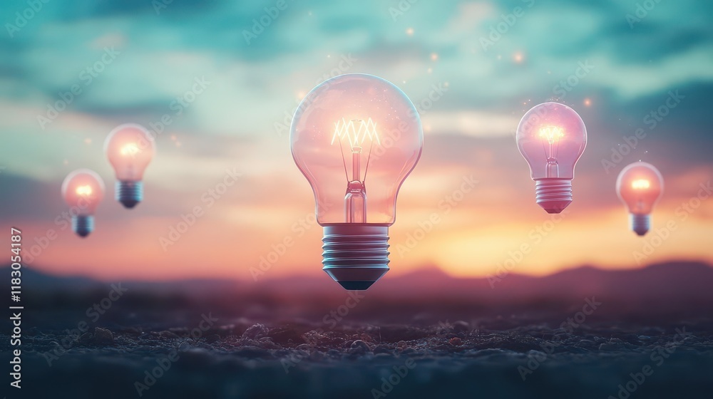 Poster Three Ethereal Light Bulbs Illuminating the Twilight Sky with Soft Glows Creating a Dreamlike Atmosphere in an Enchanting Night Scene Above