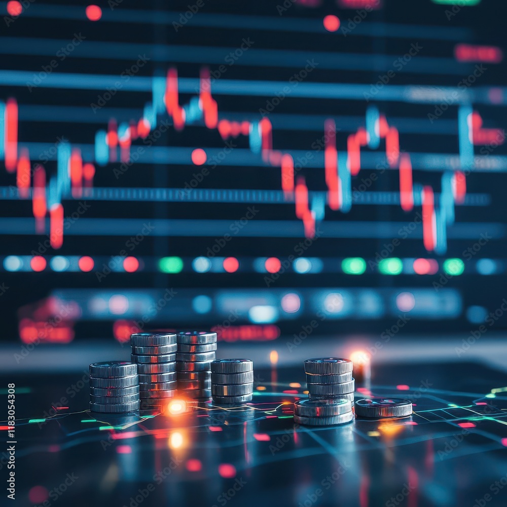 Poster Stack of Coins on a Wooden Table Reflecting Financial Growth with a Stock Chart in the Background Symbolizing Investment and Economic Prosperity