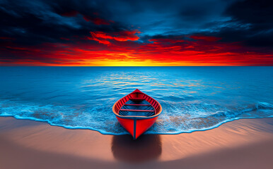 A red boat is on the beach near the ocean