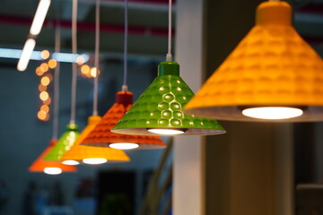 Colorful lamps hanging in the cafe