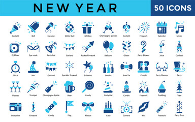 New Year icons set with confetti, bell, karaoke, glitter ball, gift box, champagne glasses, firework, calender, music icon. Simple flat vector 
