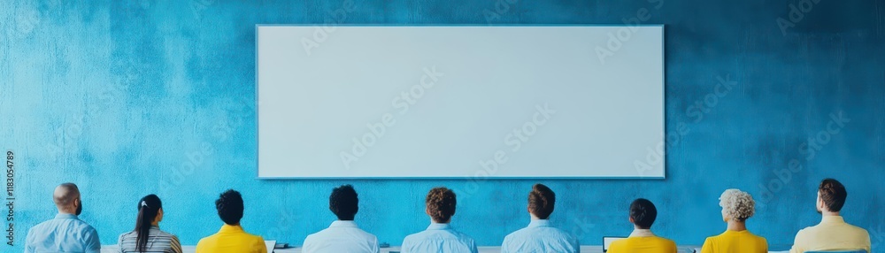 Poster professional meeting room with attentive group engaged in discussion around table while blank screen
