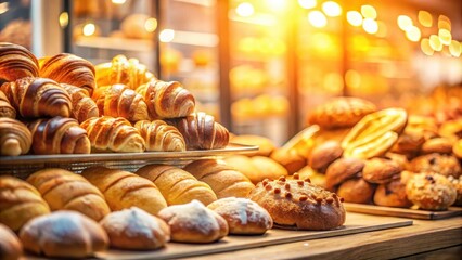 Golden-brown pastries and bread displayed in a bakery window, showcasing a tempting array of freshly baked goods