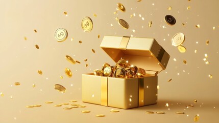 3D open gift box surprise with gold coins. loyalty program and get rewards, Money prize reward. Casino or Online game winner. 3d rendering. Vector illustration