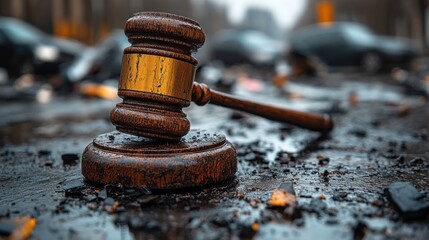 A gavel rests on a debris-strewn street, symbolizing justice amidst chaos.