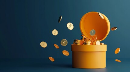 3D open gift box surprise with gold coins. loyalty program and get rewards, Money prize reward. Casino or Online game winner. 3d rendering. Vector illustration