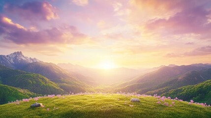 Serene Sunset Over Lush Mountain Meadow Flowers